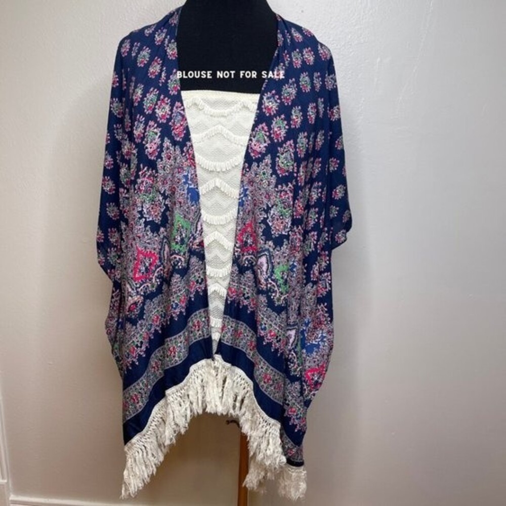 Women's Fringe Batik Print Navy Blue Wrap Kimono One Size